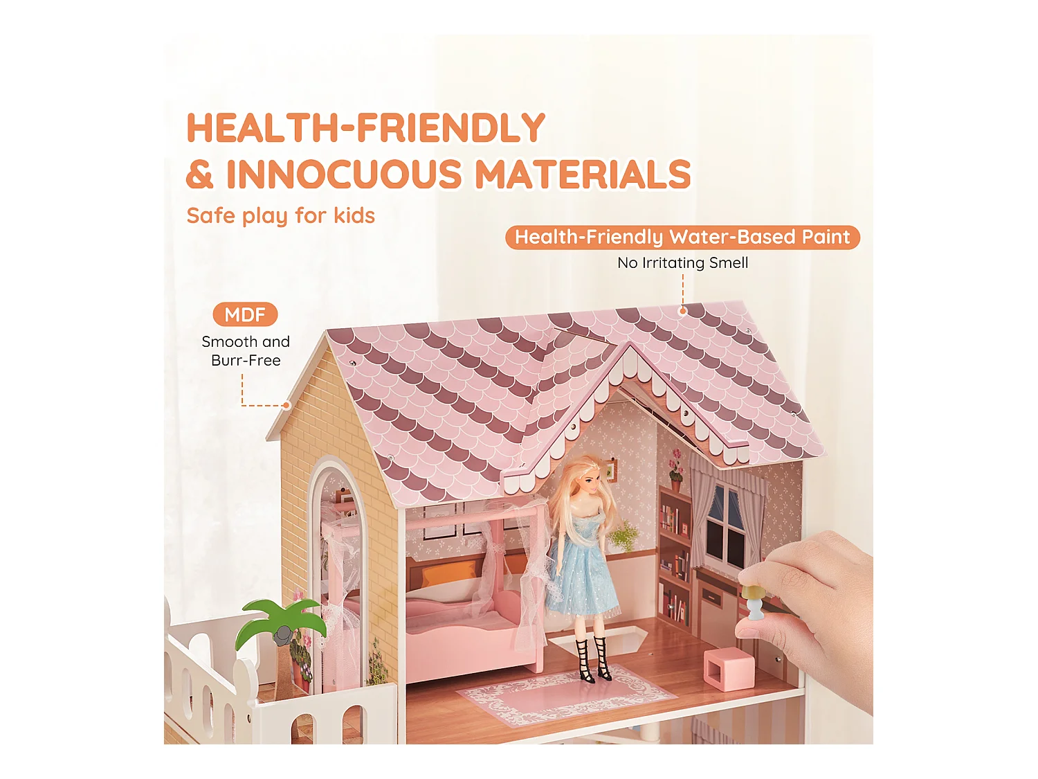 Maison de Poupée en Bois SucceBuy, Maison de Jeu Moderne 7 Pièces pour Enfants, Maison de Rêve à Faire Soi-Même, 7 Aires de Jeu, 15 Accessoires de Meubles