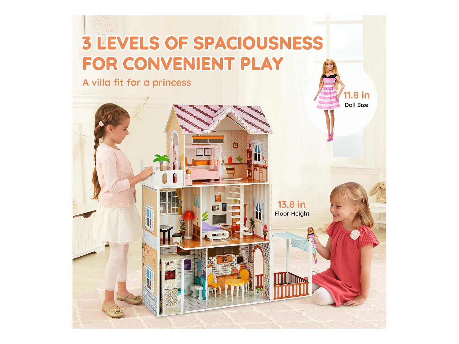 Maison de Poupée en Bois SucceBuy, Maison de Jeu Moderne 7 Pièces pour Enfants, Maison de Rêve à Faire Soi-Même, 7 Aires de Jeu, 15 Accessoires de Meubles