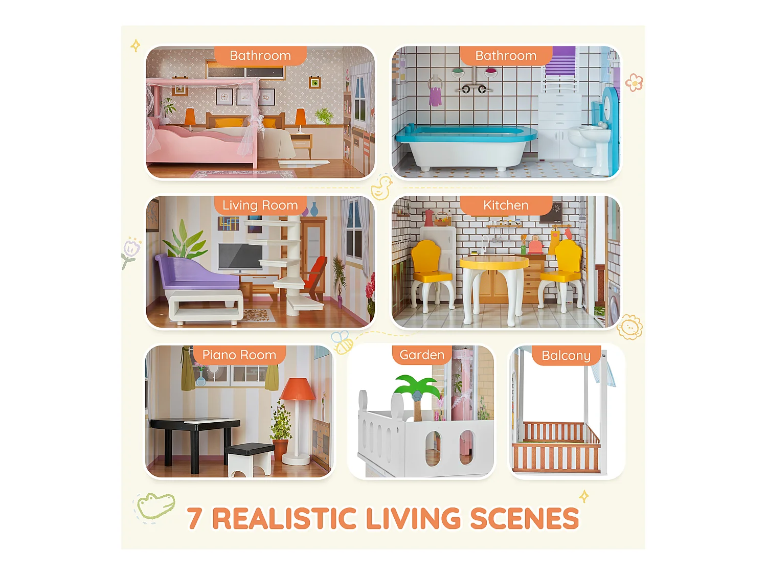 Maison de Poupée en Bois SucceBuy, Maison de Jeu Moderne 7 Pièces pour Enfants, Maison de Rêve à Faire Soi-Même, 7 Aires de Jeu, 15 Accessoires de Meubles