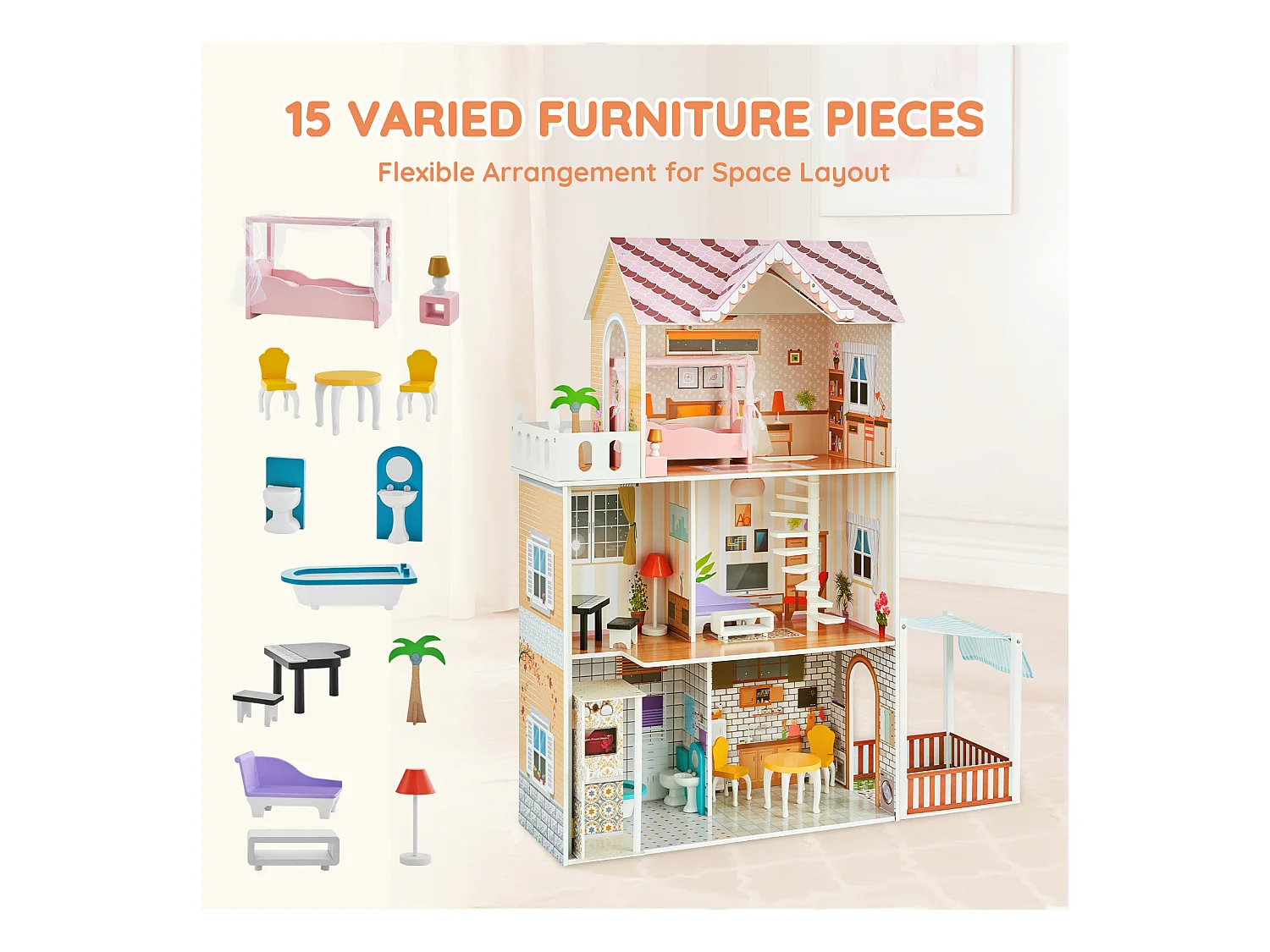 Maison de Poupée en Bois SucceBuy, Maison de Jeu Moderne 7 Pièces pour Enfants, Maison de Rêve à Faire Soi-Même, 7 Aires de Jeu, 15 Accessoires de Meubles