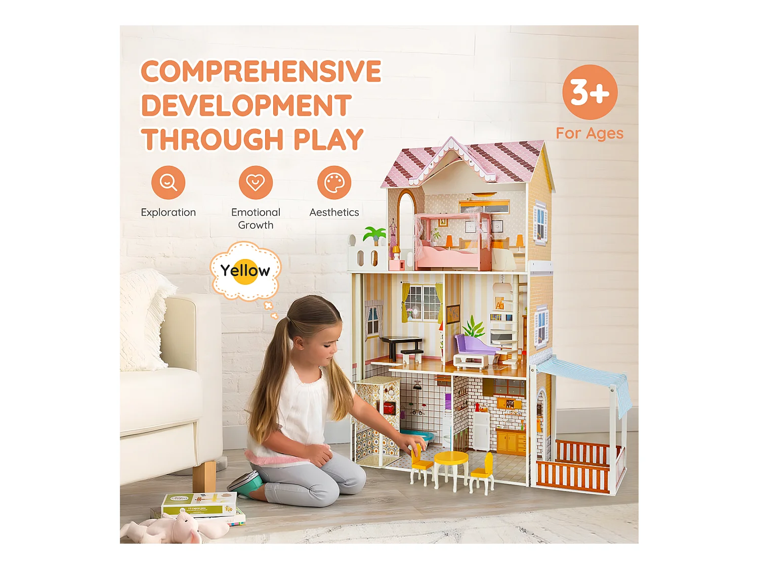 Maison de Poupée en Bois SucceBuy, Maison de Jeu Moderne 7 Pièces pour Enfants, Maison de Rêve à Faire Soi-Même, 7 Aires de Jeu, 15 Accessoires de Meubles