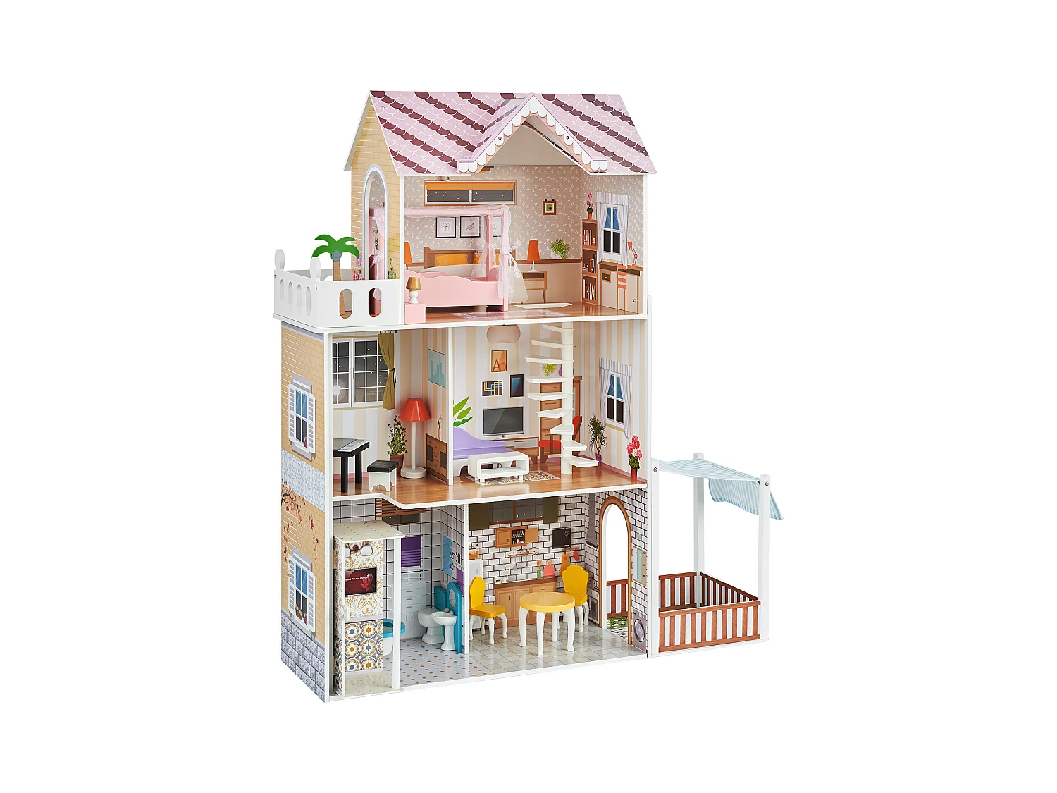 Maison de Poupée en Bois SucceBuy, Maison de Jeu Moderne 7 Pièces pour Enfants, Maison de Rêve à Faire Soi-Même, 7 Aires de Jeu, 15 Accessoires de Meubles