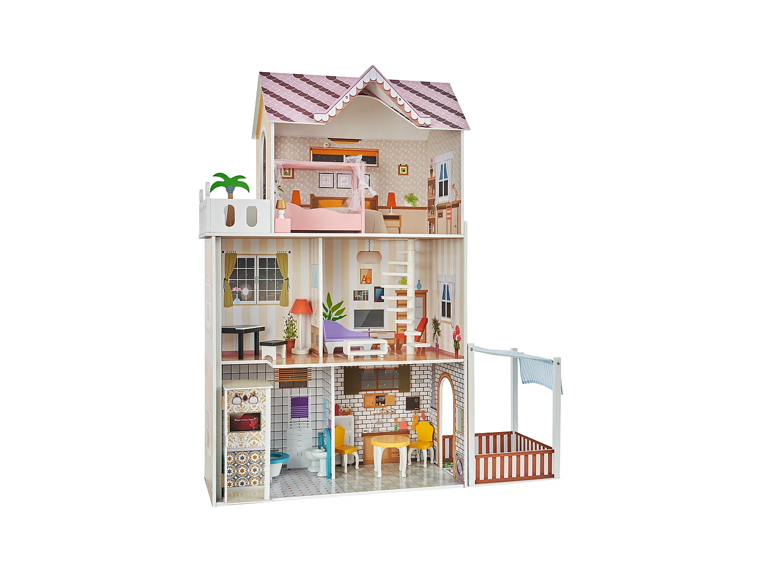 Maison de Poupée en Bois SucceBuy, Maison de Jeu Moderne 7 Pièces pour Enfants, Maison de Rêve à Faire Soi-Même, 7 Aires de Jeu, 15 Accessoires de Meubles