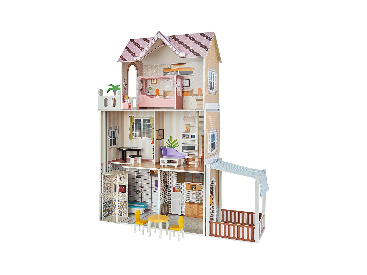 Maison de Poupée en Bois SucceBuy, Maison de Jeu Moderne 7 Pièces pour Enfants, Maison de Rêve à Faire Soi-Même, 7 Aires de Jeu, 15 Accessoires de Meubles