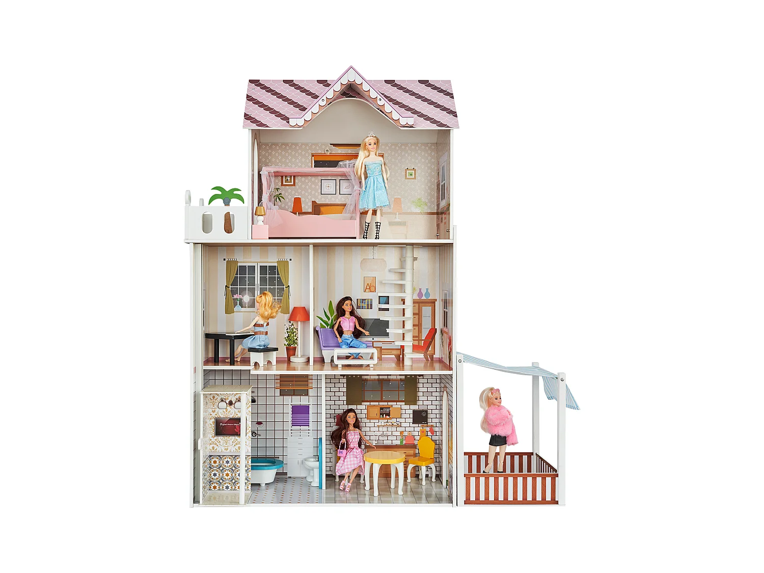 Houten Poppenhuis SucceBuy, Modern Speelhuis met 7 Stukken voor Kinderen, Zelfbouw Droomhuis, 7 Speelgebieden, 15 Meubelaccessoires