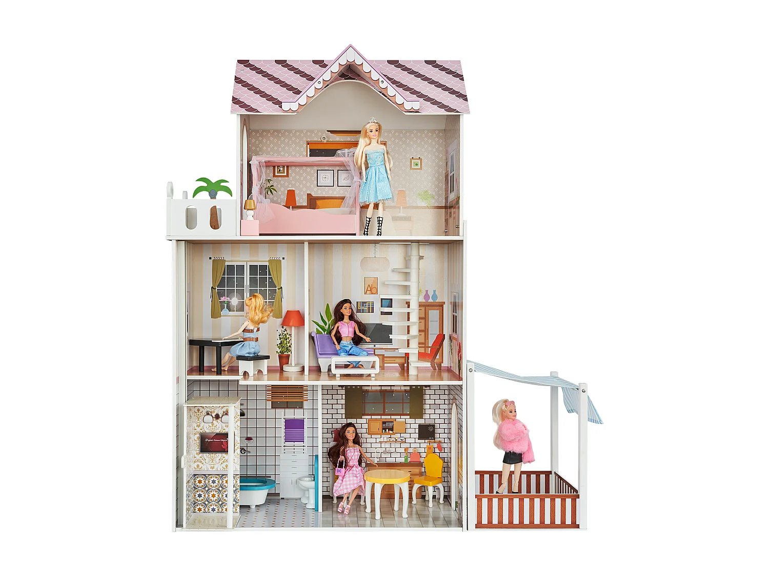 Maison de Poupée en Bois SucceBuy, Maison de Jeu Moderne 7 Pièces pour Enfants, Maison de Rêve à Faire Soi-Même, 7 Aires de Jeu, 15 Accessoires de Meubles
