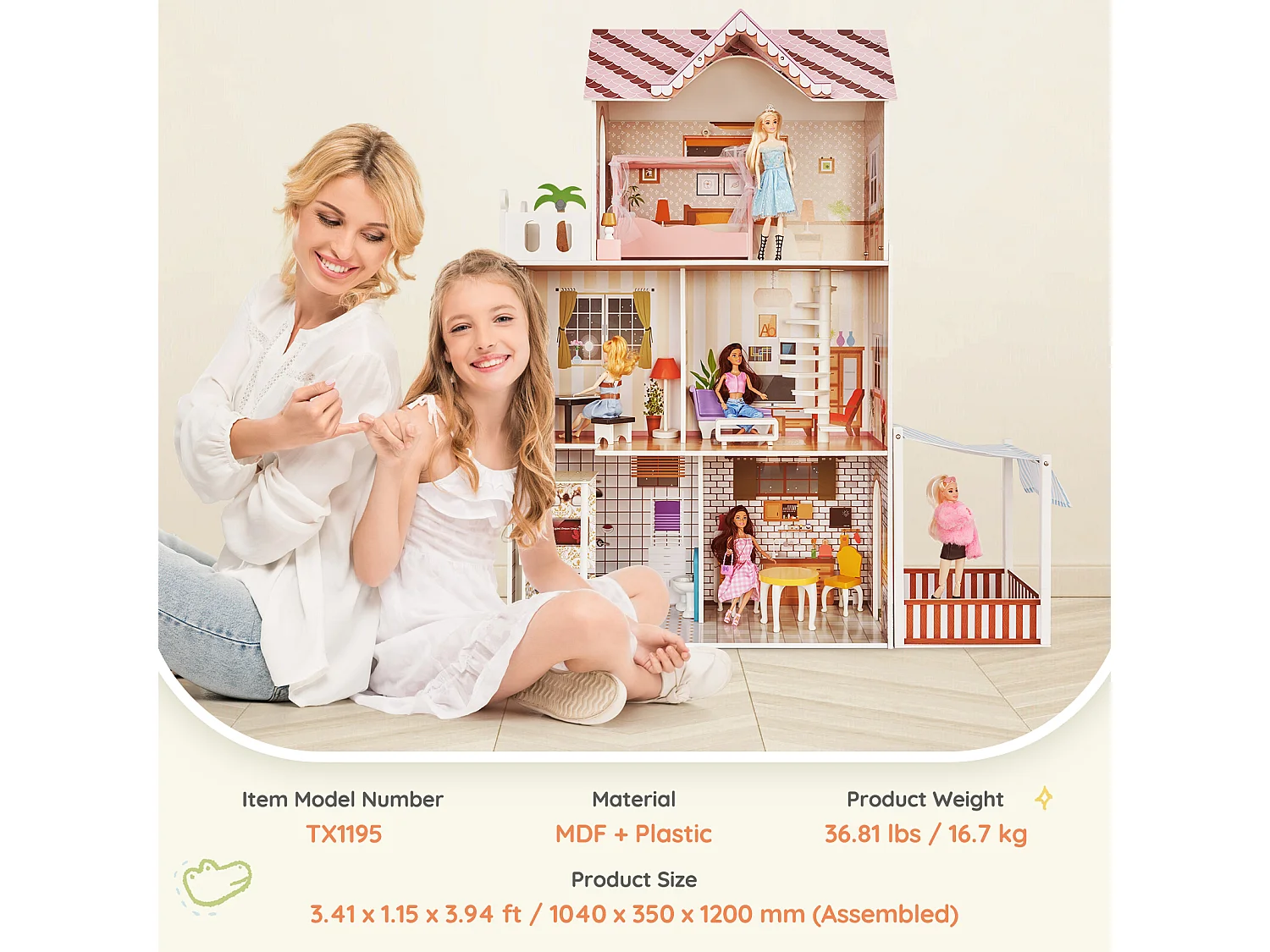 Maison de Poupée en Bois SucceBuy, Maison de Jeu Moderne 7 Pièces pour Enfants, Maison de Rêve à Faire Soi-Même, 7 Aires de Jeu, 15 Accessoires de Meubles