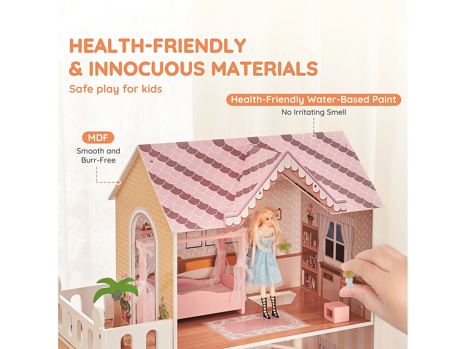 Maison de Poupée en Bois SucceBuy, Maison de Jeu Moderne 7 Pièces pour Enfants, Maison de Rêve à Faire Soi-Même, 7 Aires de Jeu, 15 Accessoires de Meubles