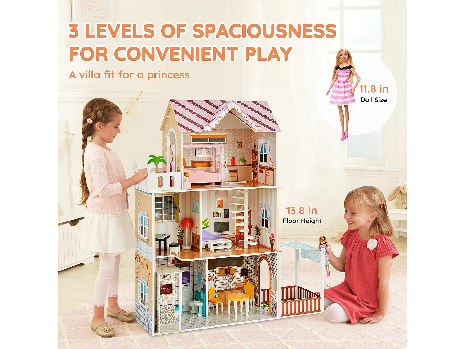 Maison de Poupée en Bois SucceBuy, Maison de Jeu Moderne 7 Pièces pour Enfants, Maison de Rêve à Faire Soi-Même, 7 Aires de Jeu, 15 Accessoires de Meubles