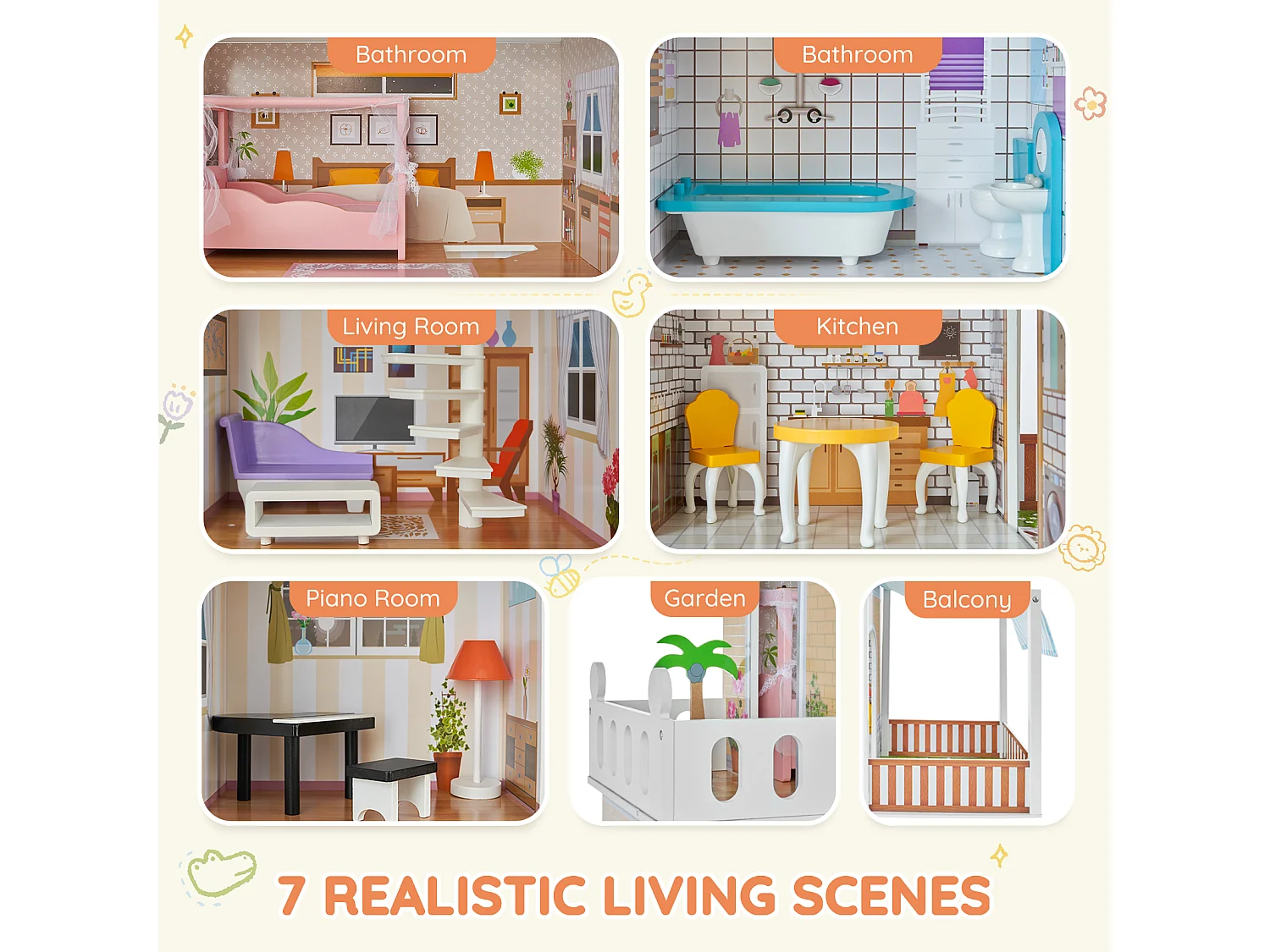 Maison de Poupée en Bois SucceBuy, Maison de Jeu Moderne 7 Pièces pour Enfants, Maison de Rêve à Faire Soi-Même, 7 Aires de Jeu, 15 Accessoires de Meubles