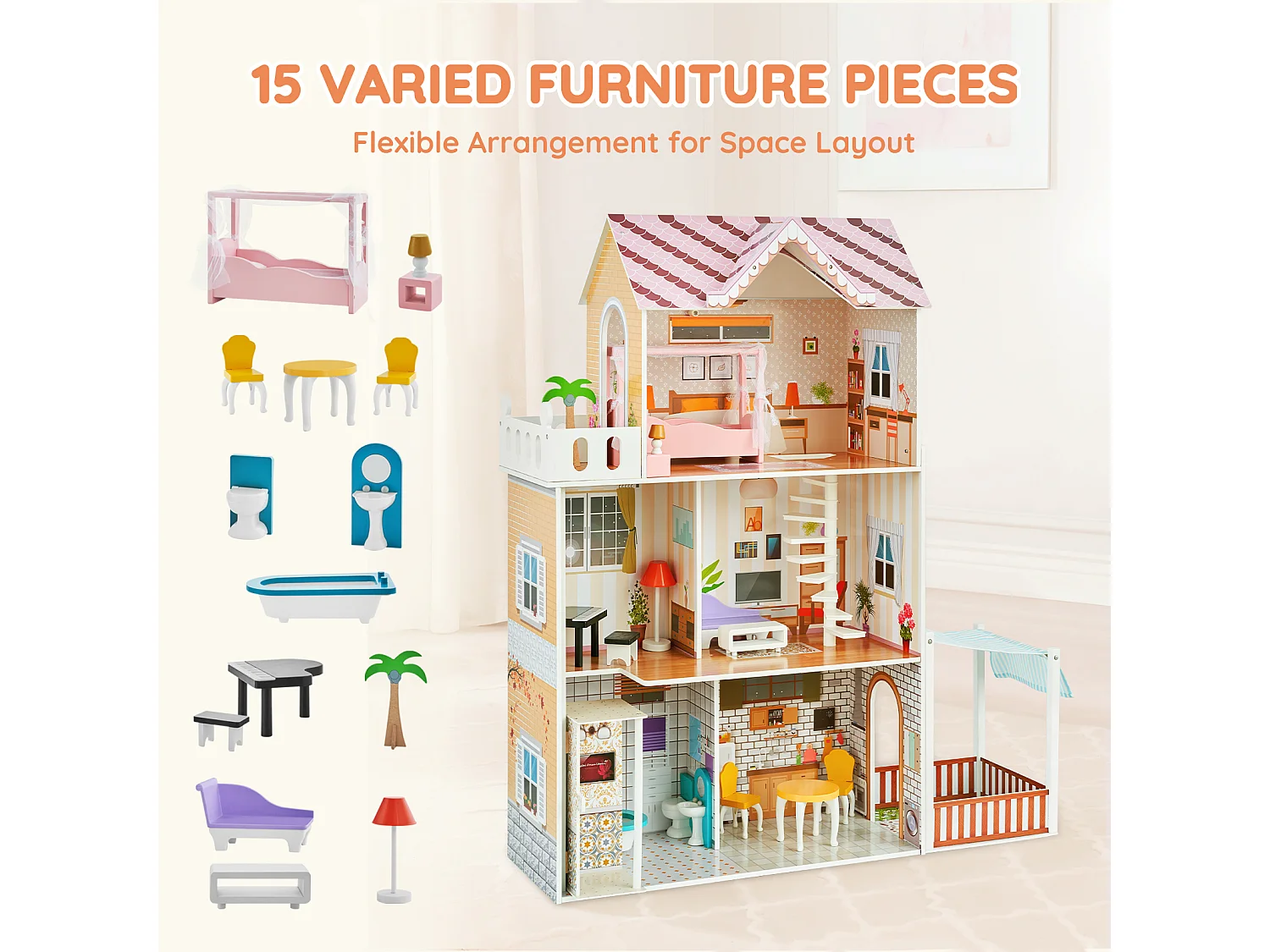 Maison de Poupée en Bois SucceBuy, Maison de Jeu Moderne 7 Pièces pour Enfants, Maison de Rêve à Faire Soi-Même, 7 Aires de Jeu, 15 Accessoires de Meubles