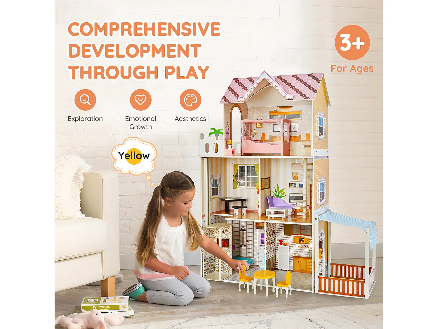 Maison de Poupée en Bois SucceBuy, Maison de Jeu Moderne 7 Pièces pour Enfants, Maison de Rêve à Faire Soi-Même, 7 Aires de Jeu, 15 Accessoires de Meubles