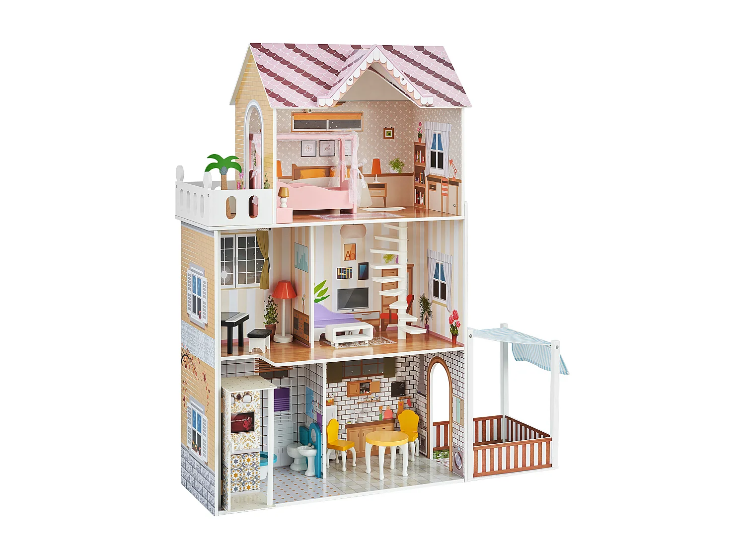 Maison de Poupée en Bois SucceBuy, Maison de Jeu Moderne 7 Pièces pour Enfants, Maison de Rêve à Faire Soi-Même, 7 Aires de Jeu, 15 Accessoires de Meubles