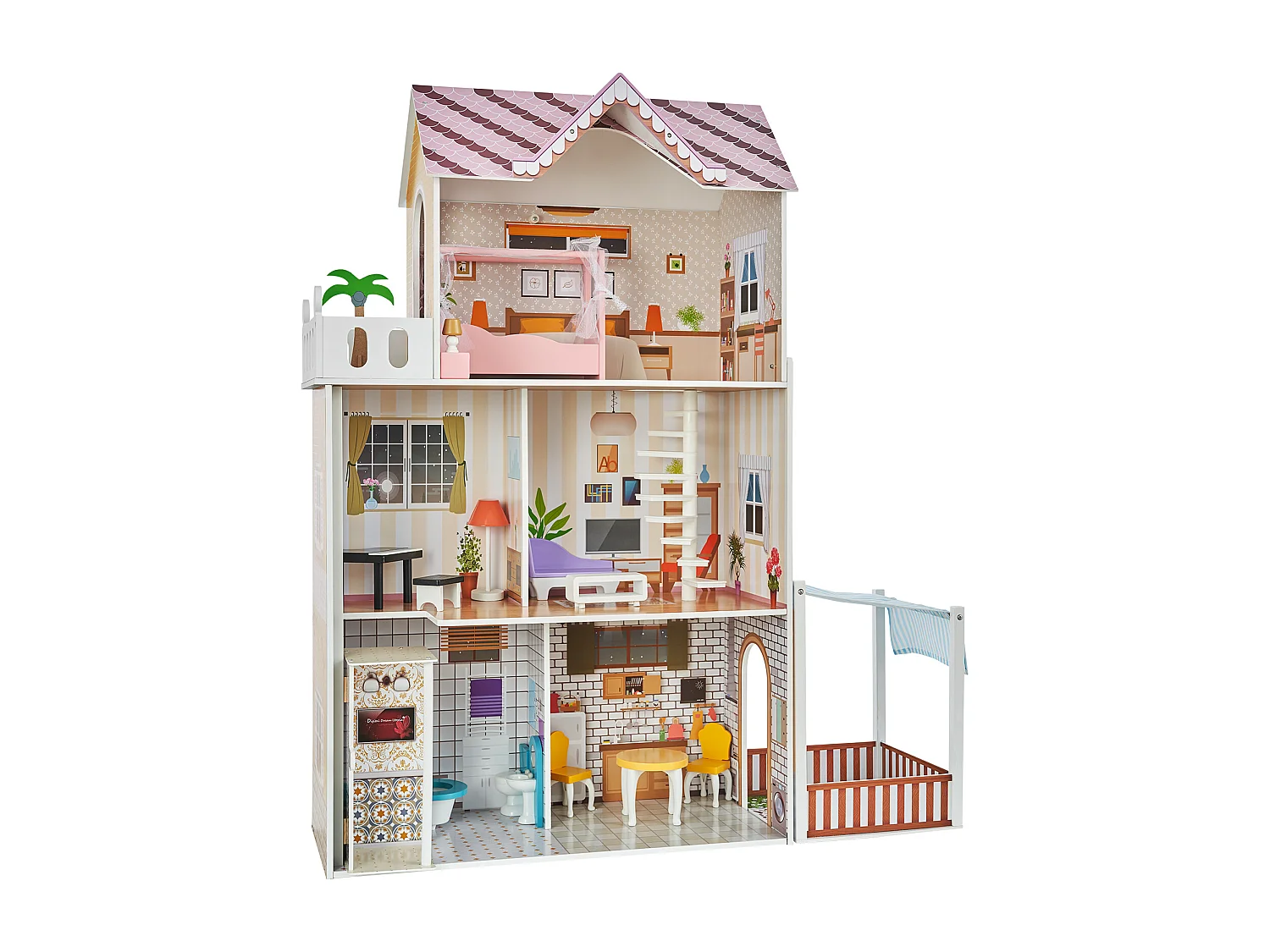Maison de Poupée en Bois SucceBuy, Maison de Jeu Moderne 7 Pièces pour Enfants, Maison de Rêve à Faire Soi-Même, 7 Aires de Jeu, 15 Accessoires de Meubles