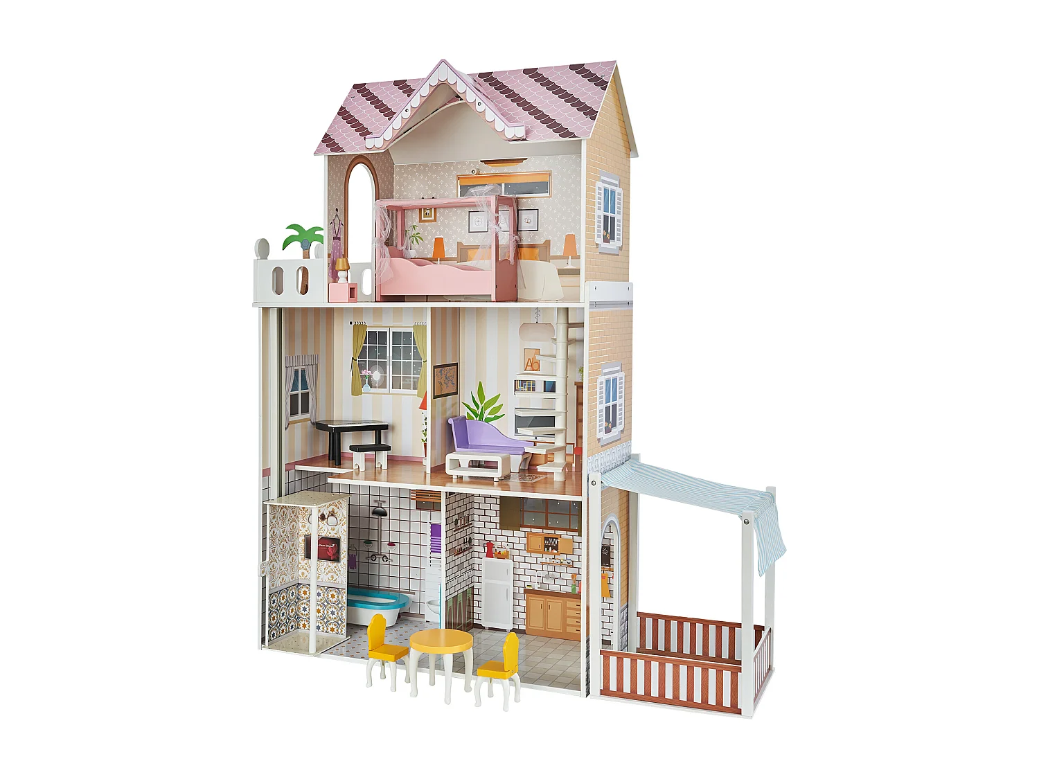 Maison de Poupée en Bois SucceBuy, Maison de Jeu Moderne 7 Pièces pour Enfants, Maison de Rêve à Faire Soi-Même, 7 Aires de Jeu, 15 Accessoires de Meubles