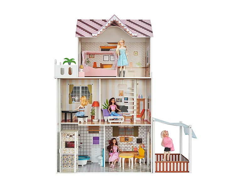 Casa de Muñecas de Madera SucceBuy, Casa de Juego Moderna de 7 Piezas para Niños, Casa de Ensueño para Armarse, 7 Áreas de Juego, 15 Accesorios de Muebles