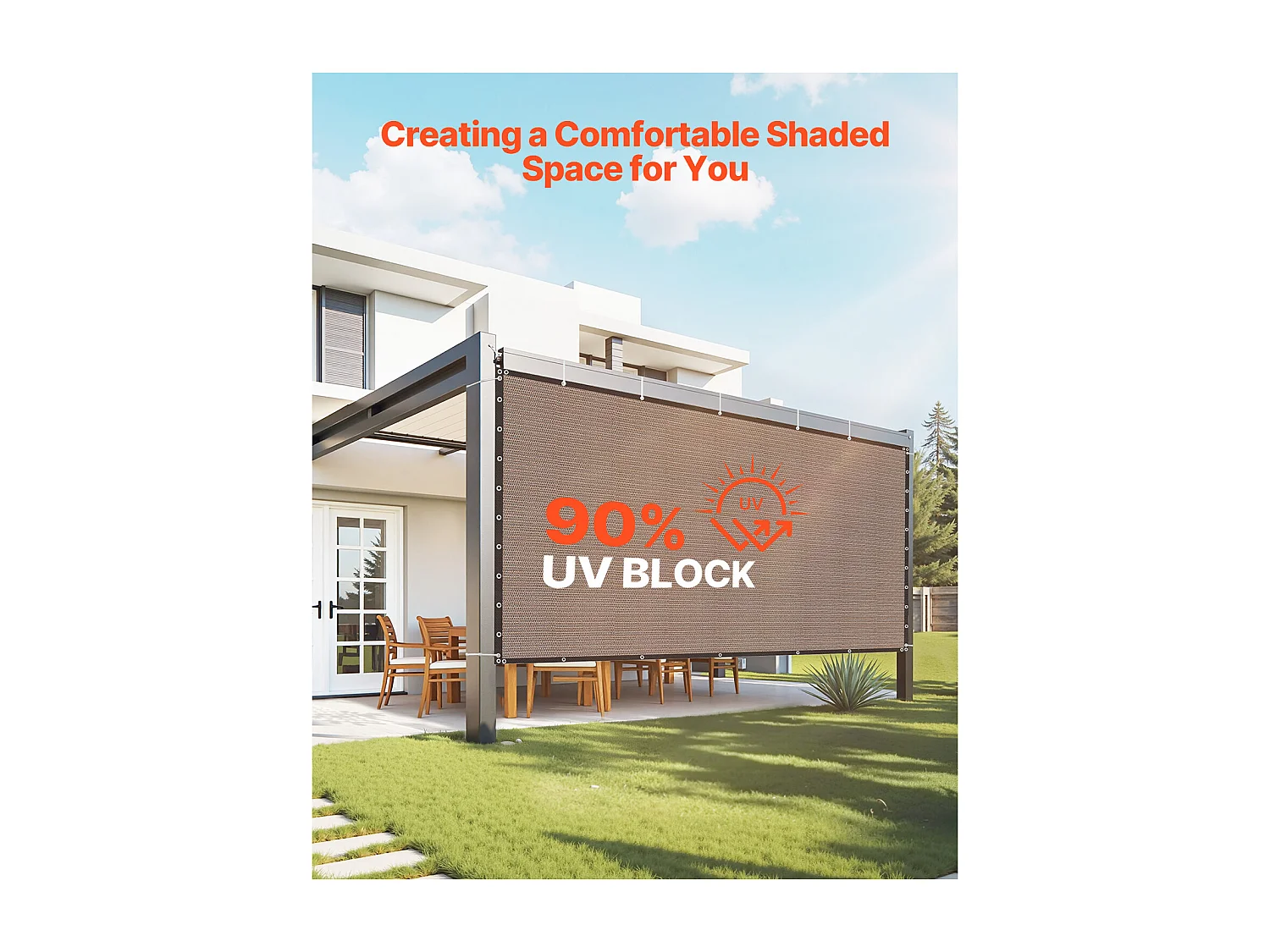 Voile d'Ombrage 90 % SucceBuy Filet d'Ombrage avec Œillets en Acier Inoxydable, Protection Solaire et Brise-Vue en PEHD 140 g/m², Marron, 3050 x 3660 mm