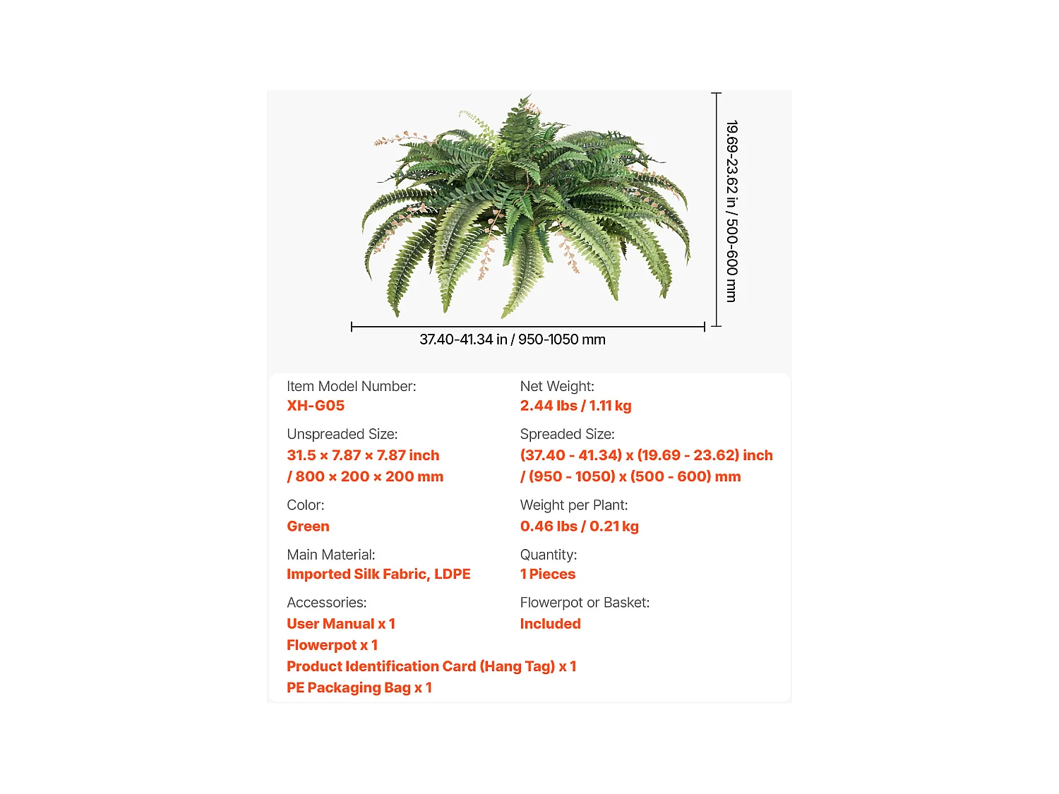 Fougère Artificielle SucceBuy, Fausse Fougère de Boston 95-105 cm, 80 Feuilles, Avec Pot, Suspendue/Posée, Décoration Int/Ext, Maison/Bureau