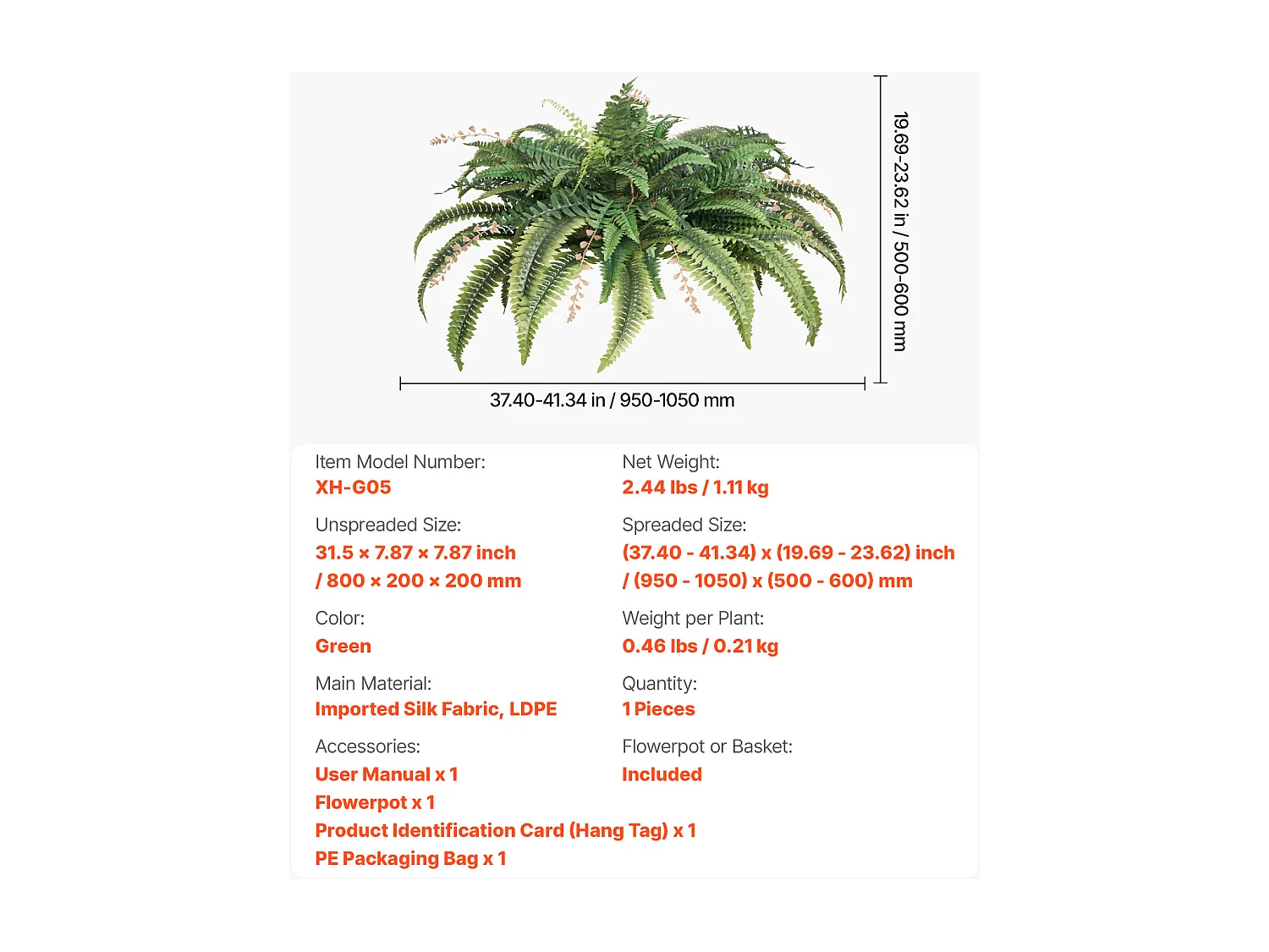 Fougère Artificielle SucceBuy, Fausse Fougère de Boston 95-105 cm, 80 Feuilles, Avec Pot, Suspendue/Posée, Décoration Int/Ext, Maison/Bureau