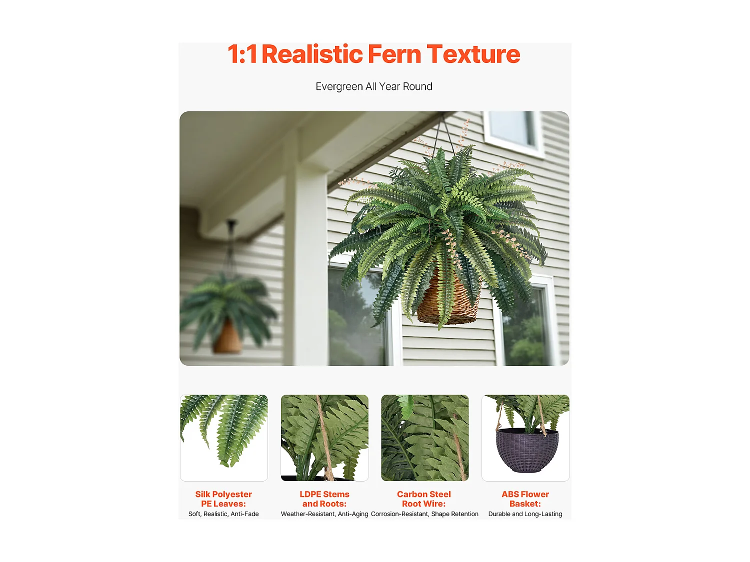 Fougère Artificielle SucceBuy, Fausse Fougère de Boston 95-105 cm, 80 Feuilles, Avec Pot, Suspendue/Posée, Décoration Int/Ext, Maison/Bureau