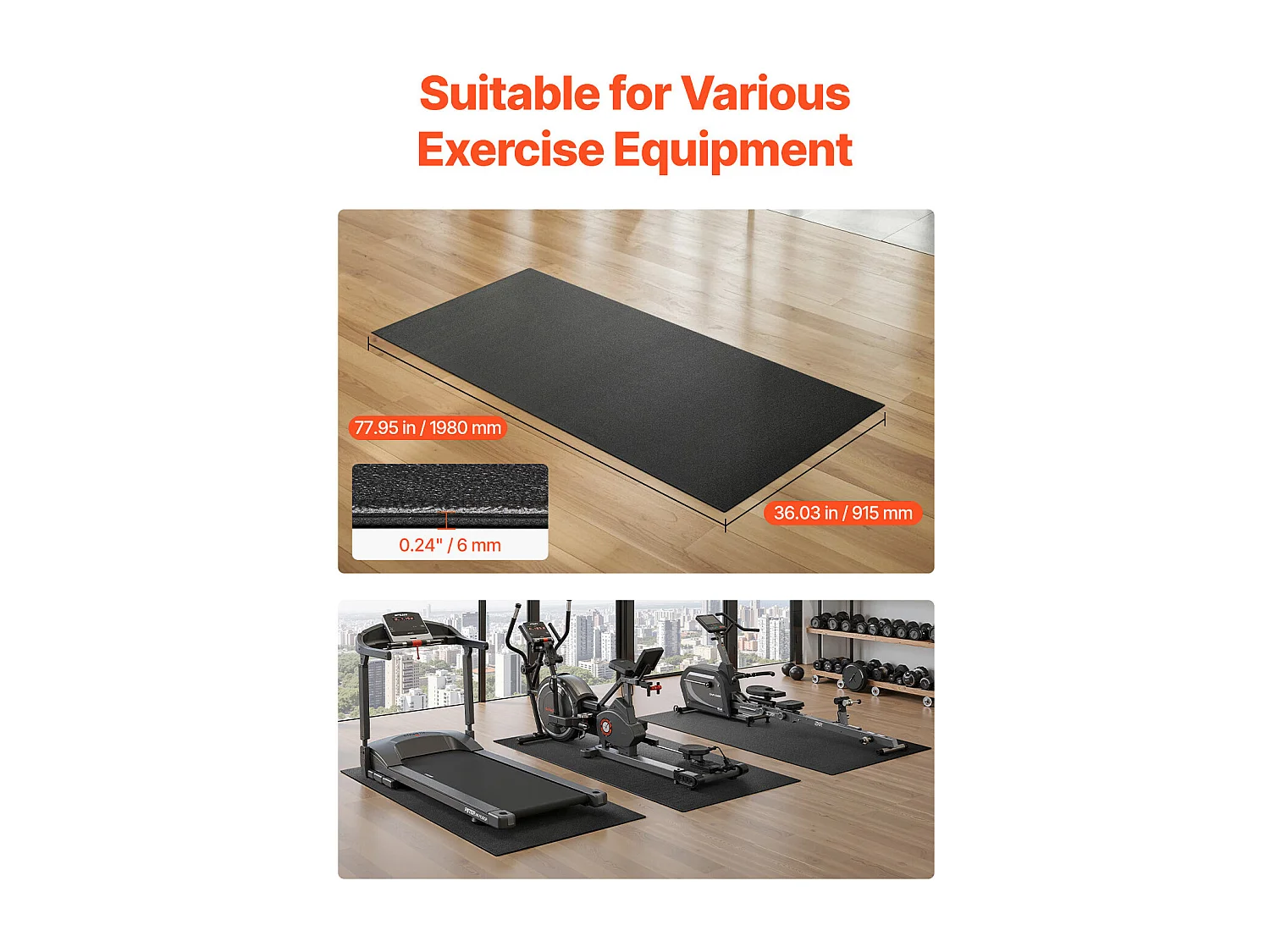 Tapis d'Équipement d'Exercice SucceBuy, 91,5 x 198 x 0,6 cm, Tapis de Protection de Sol pour Vélos Elliptiques et Tapis de Marche Compacts, en PVC Haute Densité