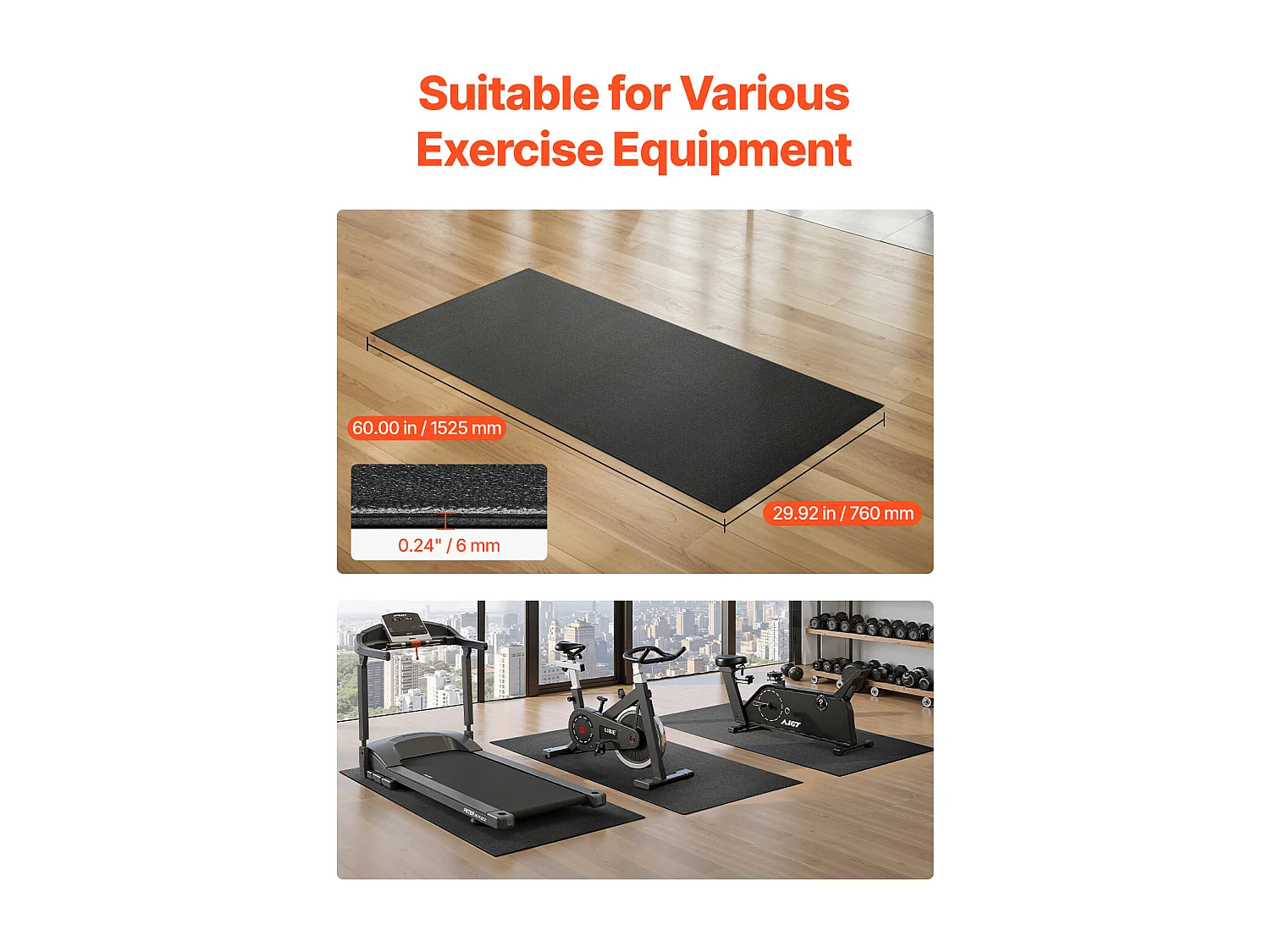 Tapis d'Équipement d'Exercice SucceBuy, 76 x 152,5 x 0,6 cm, Tapis de Protection de Sol pour Vélos Elliptiques et Tapis de Marche Compacts, en PVC Haute Densité