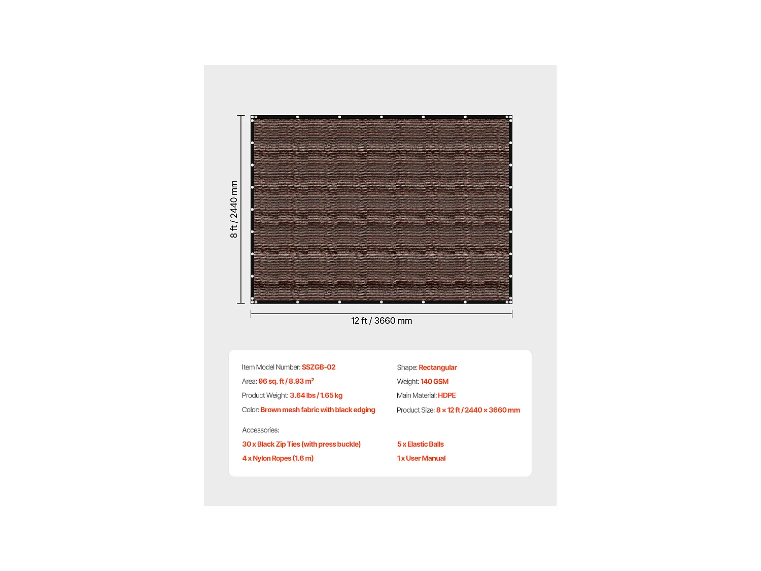 Voile d'Ombrage 90 % SucceBuy, 244 x 366 mm, Filet d'Ombrage PEHD 140 g/m², Œillets Acier Inox, Protection Solaire/Brise-Vue, Extérieur, Marron