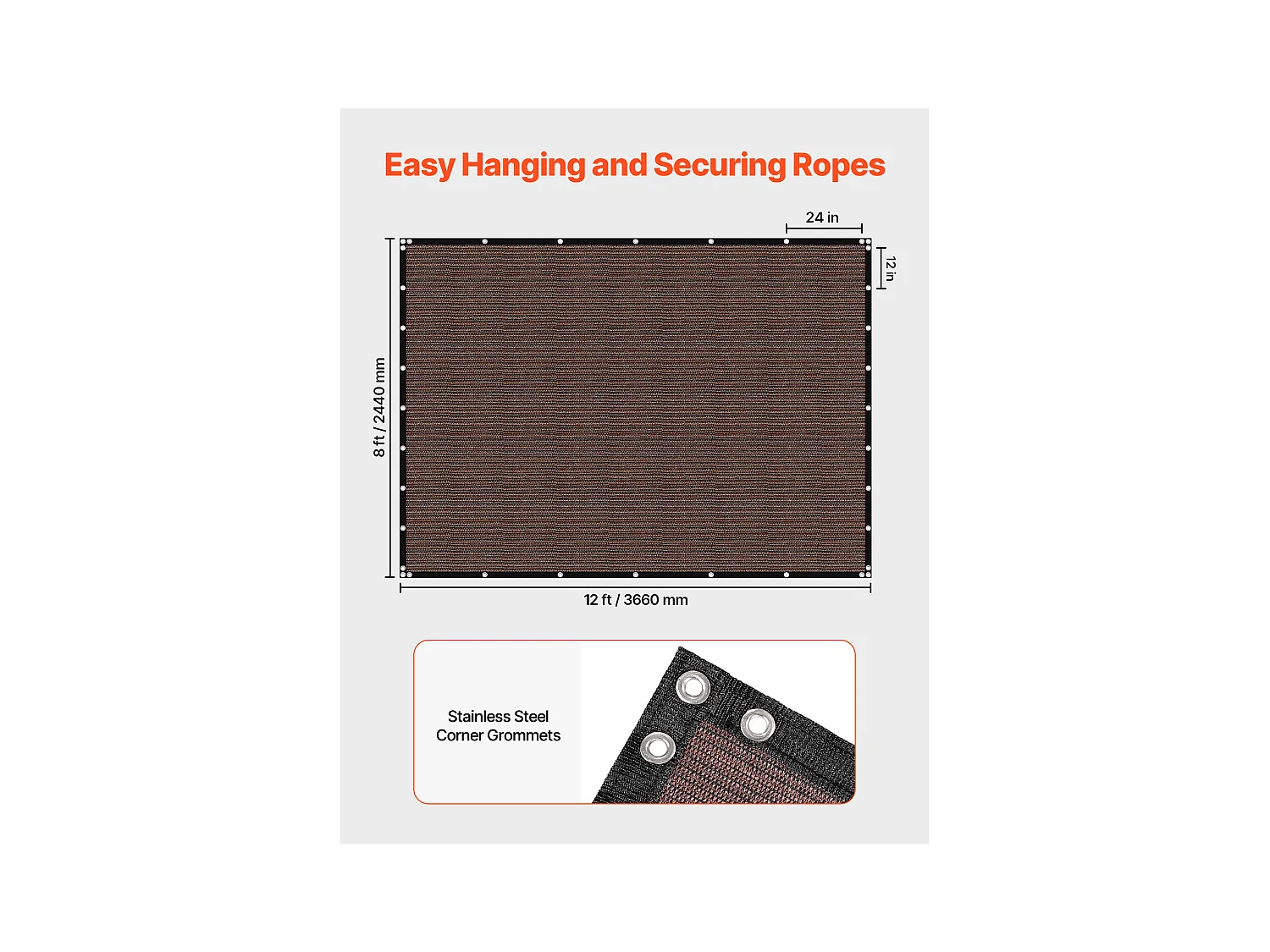 Voile d'Ombrage 90 % SucceBuy, 244 x 366 mm, Filet d'Ombrage PEHD 140 g/m², Œillets Acier Inox, Protection Solaire/Brise-Vue, Extérieur, Marron