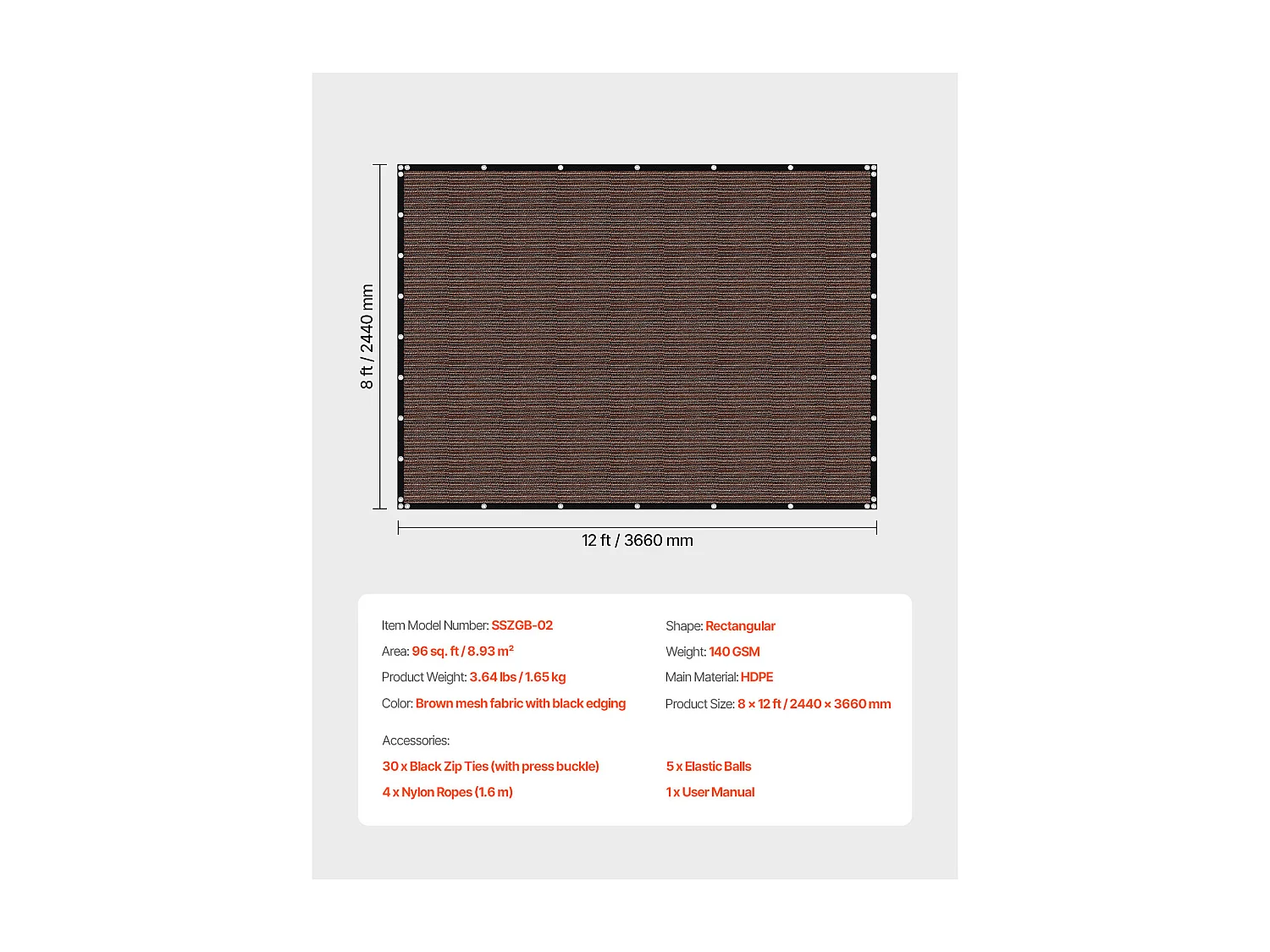 Voile d'Ombrage 90 % SucceBuy, 244 x 366 mm, Filet d'Ombrage PEHD 140 g/m², Œillets Acier Inox, Protection Solaire/Brise-Vue, Extérieur, Marron