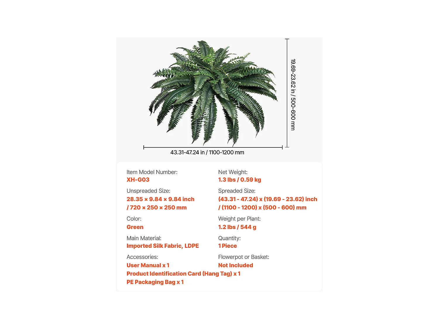 Fougère Artificielle SucceBuy, Fausse Fougère de Boston 110-120 cm, 88 Feuilles, Grande Suspendue, Décoration Int/Ext, Maison/Bureau, Pot Non Inclus