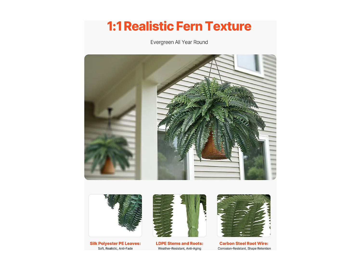 Fougère Artificielle SucceBuy, Fausse Fougère de Boston 110-120 cm, 88 Feuilles, Grande Suspendue, Décoration Int/Ext, Maison/Bureau, Pot Non Inclus