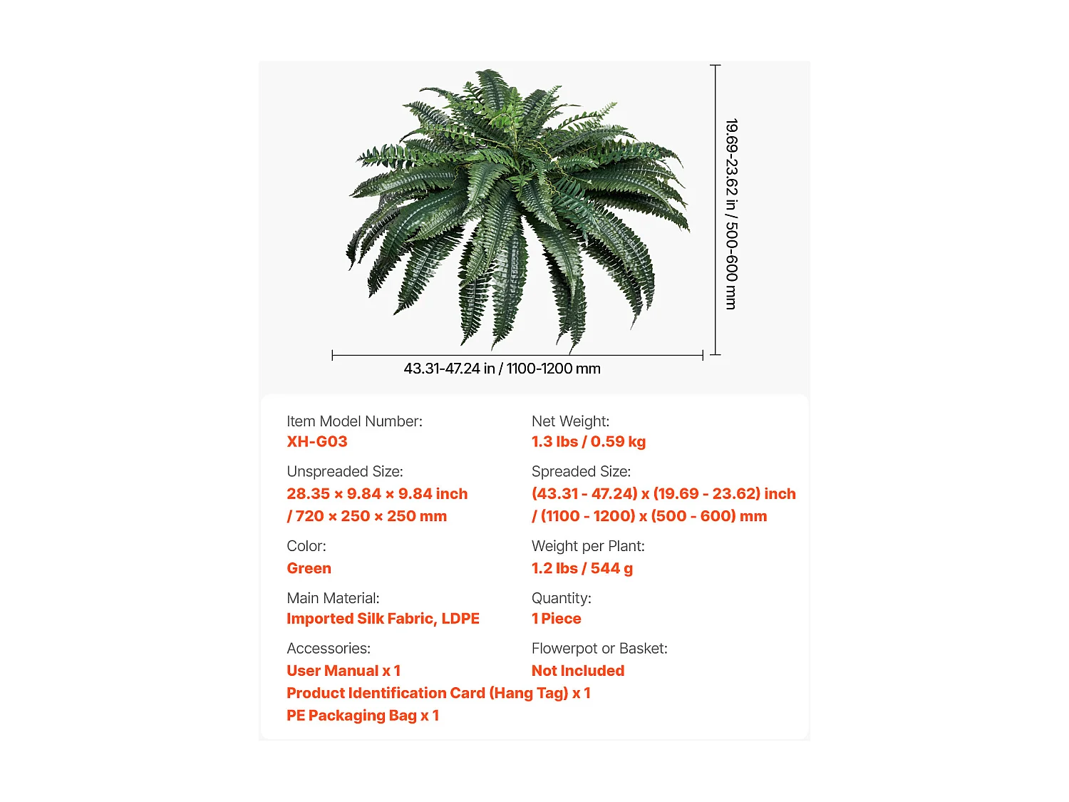 Fougère Artificielle SucceBuy, Fausse Fougère de Boston 110-120 cm, 88 Feuilles, Grande Suspendue, Décoration Int/Ext, Maison/Bureau, Pot Non Inclus