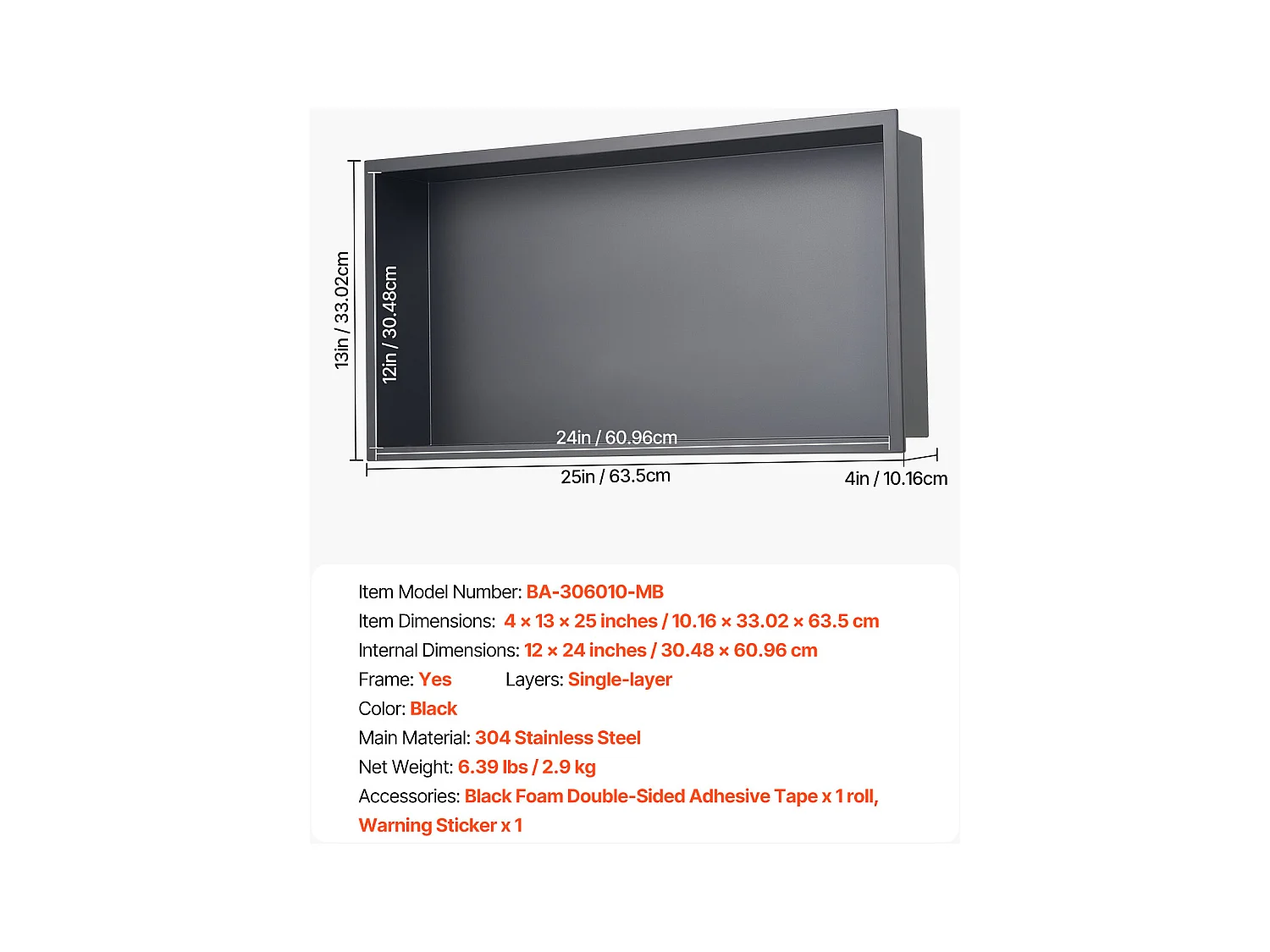 Niche de Douche SucceBuy, 33 x 63,5 x 10,2 cm, Niche Murale Encastrée, Organisateur en Acier Inoxydable Robuste, Stockage Savon/Shampoing, Scellée et Étanche