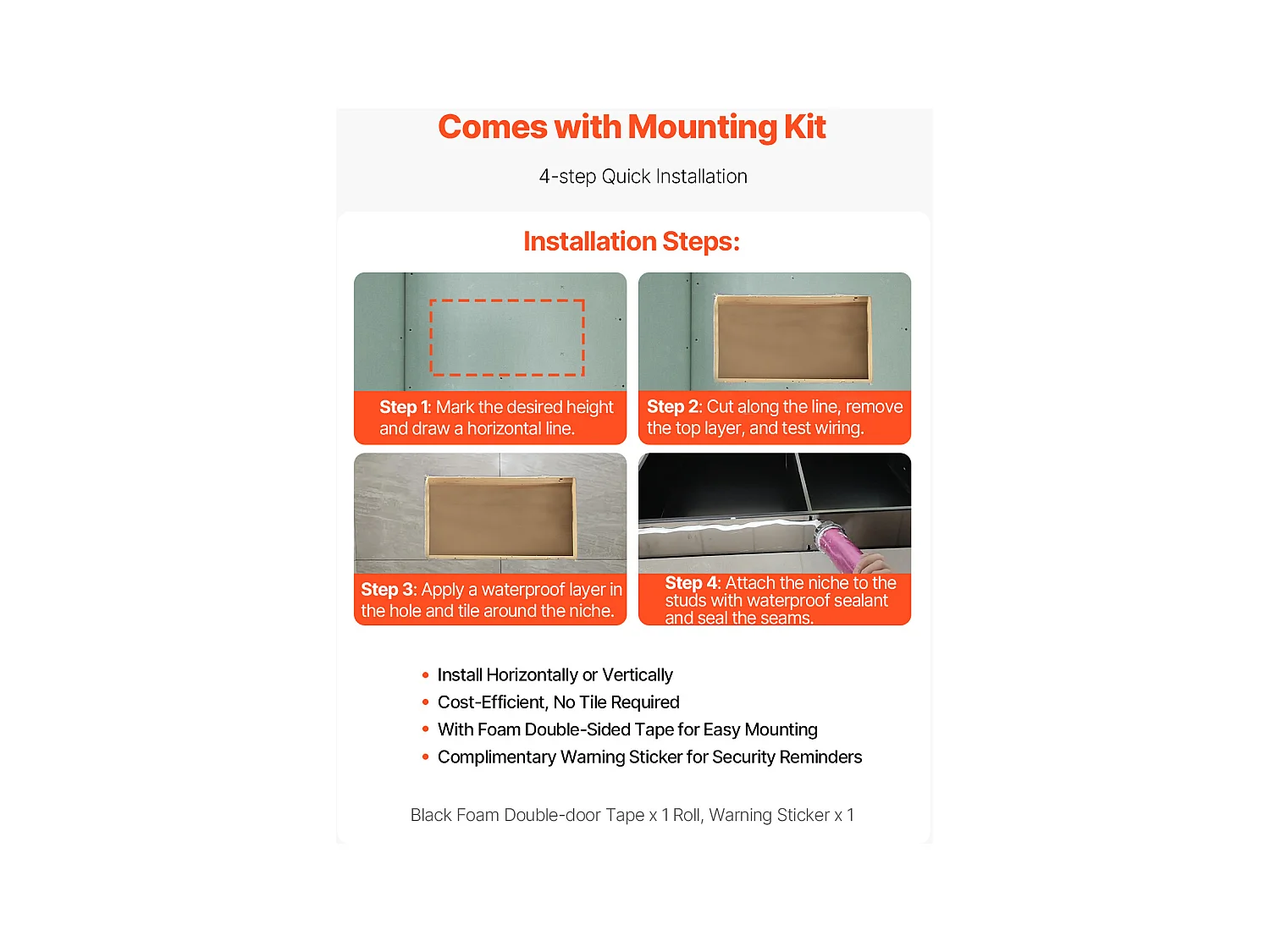 Niche de Douche SucceBuy, 33 x 63,5 x 10,2 cm, Niche Murale Encastrée, Organisateur en Acier Inoxydable Robuste, Stockage Savon/Shampoing, Scellée et Étanche