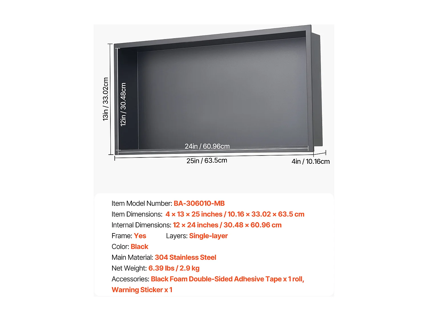 Niche de Douche SucceBuy, 33 x 63,5 x 10,2 cm, Niche Murale Encastrée, Organisateur en Acier Inoxydable Robuste, Stockage Savon/Shampoing, Scellée et Étanche