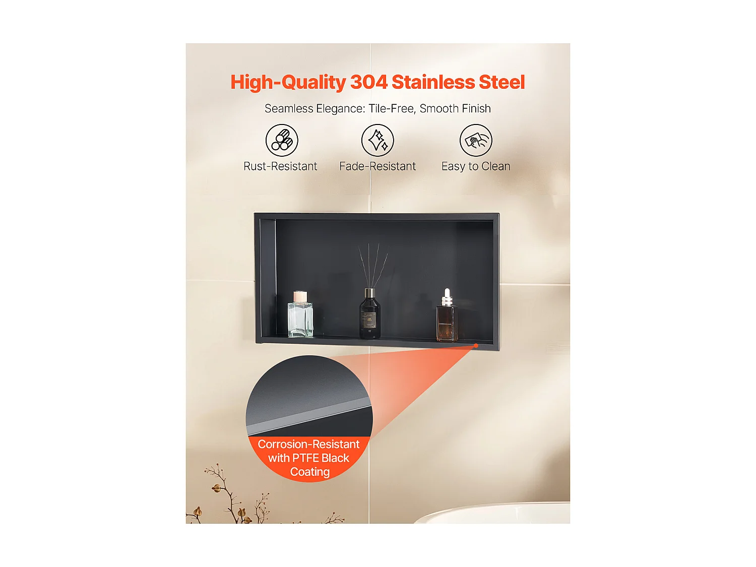 Niche de Douche SucceBuy, 33 x 63,5 x 10,2 cm, Niche Murale Encastrée, Organisateur en Acier Inoxydable Robuste, Stockage Savon/Shampoing, Scellée et Étanche