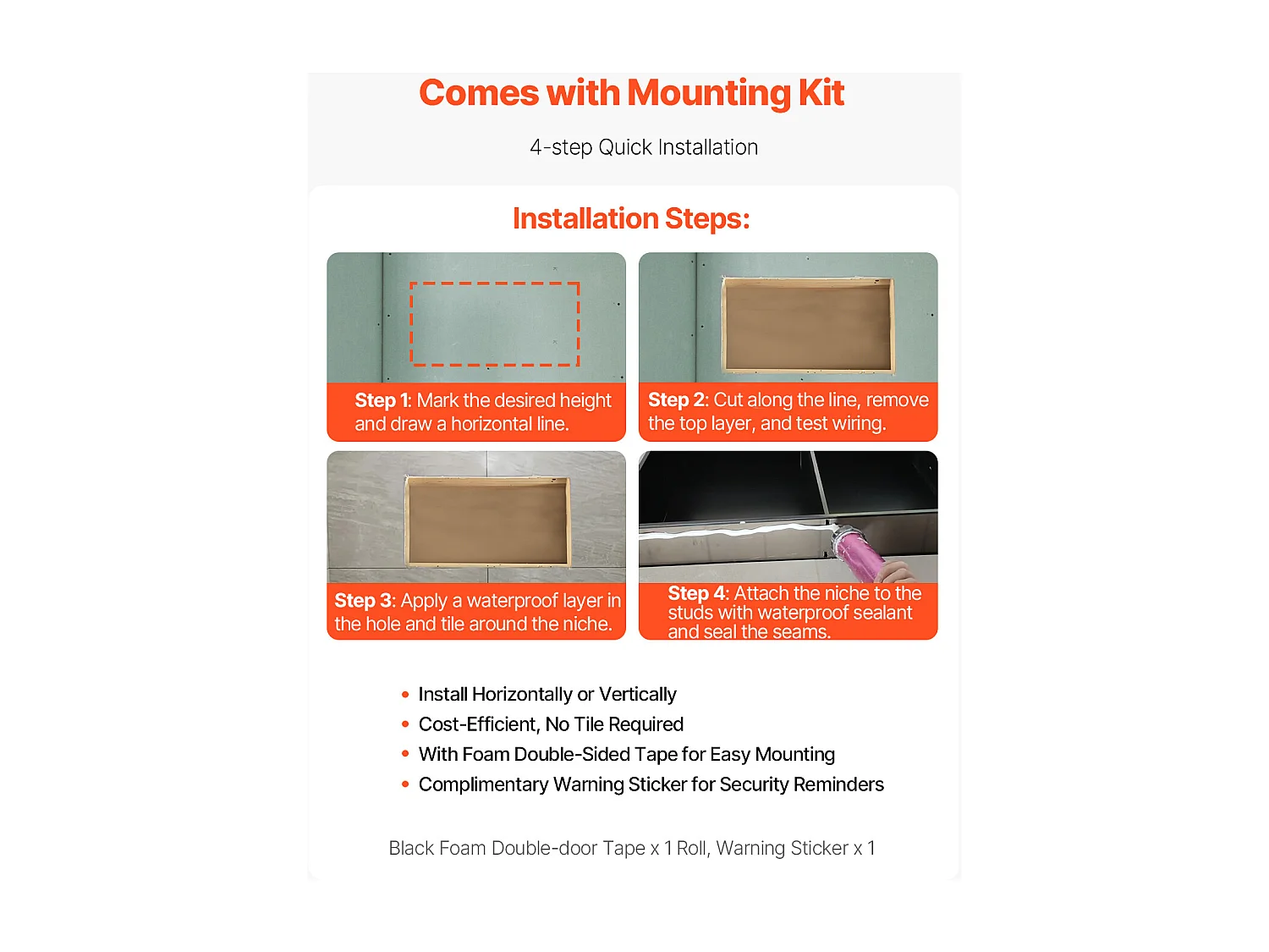 Niche de Douche SucceBuy, 33 x 63,5 x 10,2 cm, Niche Murale Encastrée, Organisateur en Acier Inoxydable Robuste, Stockage Savon/Shampoing, Scellée et Étanche