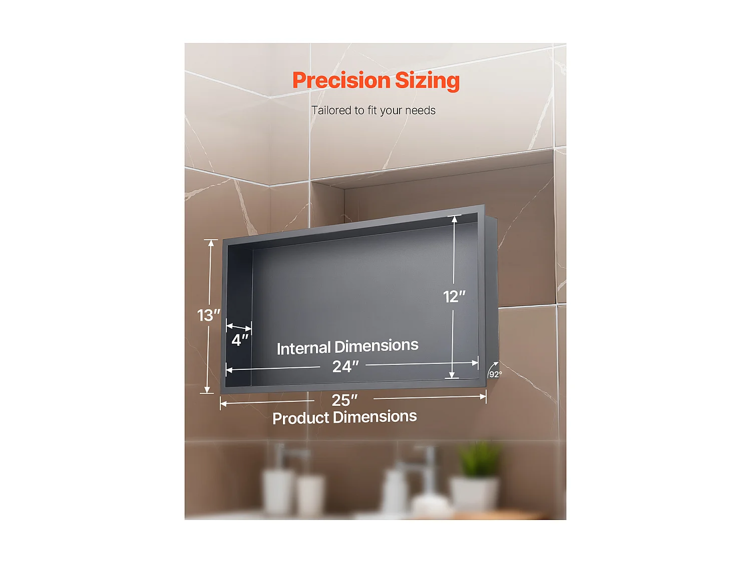 Niche de Douche SucceBuy, 33 x 63,5 x 10,2 cm, Niche Murale Encastrée, Organisateur en Acier Inoxydable Robuste, Stockage Savon/Shampoing, Scellée et Étanche