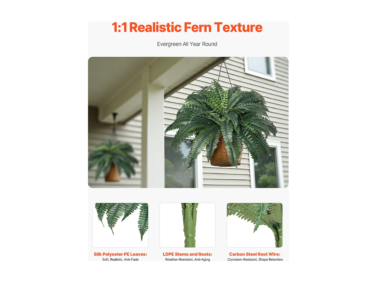 Fougère Artificielle SucceBuy, Lot de 2, Fausse Fougère de Boston 110-120 cm, 50 Feuilles, Suspendue, Décoration Int/Ext, Maison/Bureau, Pot Non Inclus