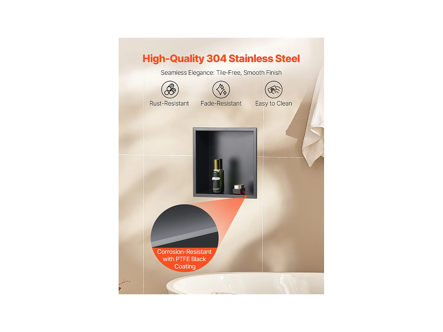 Niche de Douche SucceBuy, 33 x 33 x 10,2 cm, Niche Murale Encastrée, Organisateur en Acier Inoxydable Robuste, Stockage Savon/Shampoing, Scellée et Étanche