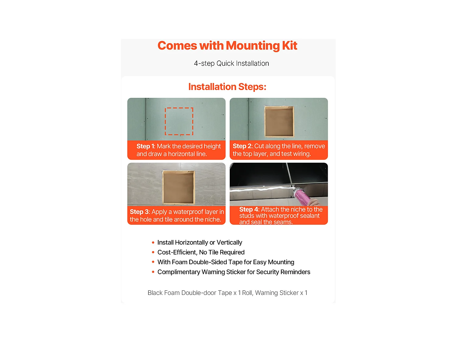 Niche de Douche SucceBuy, 33 x 33 x 10,2 cm, Niche Murale Encastrée, Organisateur en Acier Inoxydable Robuste, Stockage Savon/Shampoing, Scellée et Étanche