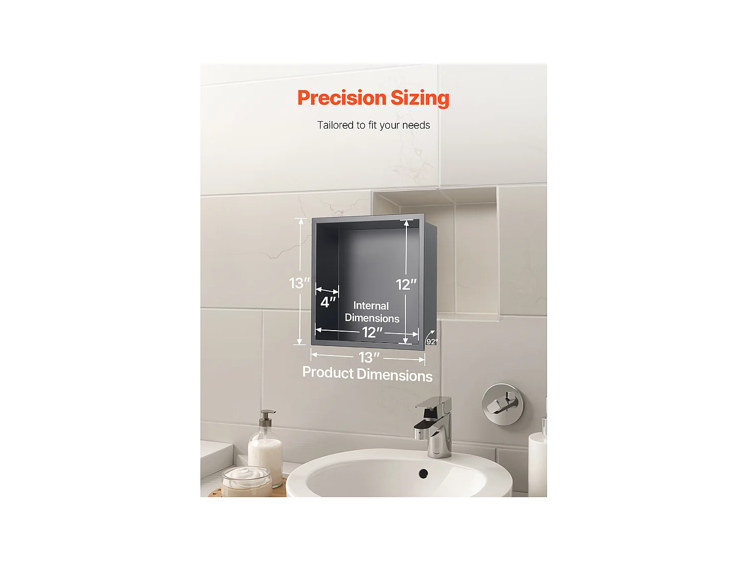 Niche de Douche SucceBuy, 33 x 33 x 10,2 cm, Niche Murale Encastrée, Organisateur en Acier Inoxydable Robuste, Stockage Savon/Shampoing, Scellée et Étanche