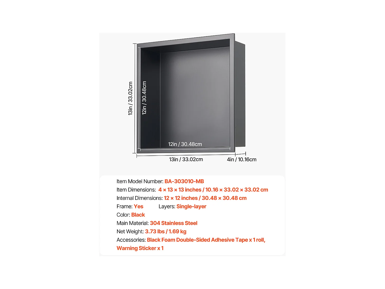 Niche de Douche SucceBuy, 33 x 33 x 10,2 cm, Niche Murale Encastrée, Organisateur en Acier Inoxydable Robuste, Stockage Savon/Shampoing, Scellée et Étanche