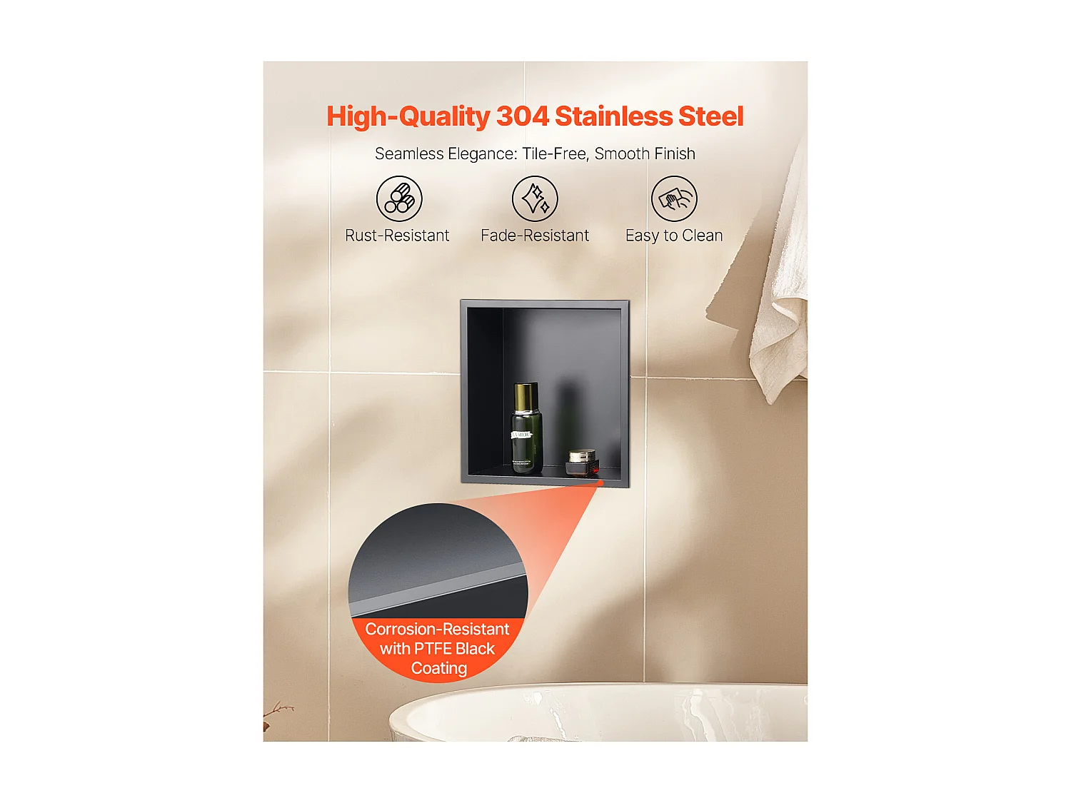 Niche de Douche SucceBuy, 33 x 33 x 10,2 cm, Niche Murale Encastrée, Organisateur en Acier Inoxydable Robuste, Stockage Savon/Shampoing, Scellée et Étanche