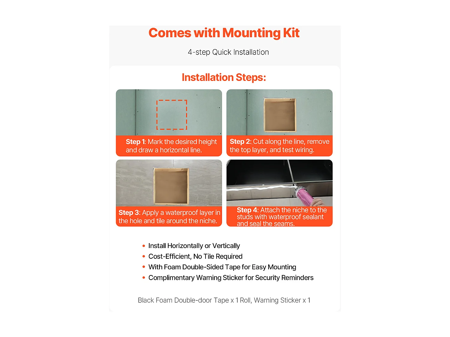 Niche de Douche SucceBuy, 33 x 33 x 10,2 cm, Niche Murale Encastrée, Organisateur en Acier Inoxydable Robuste, Stockage Savon/Shampoing, Scellée et Étanche