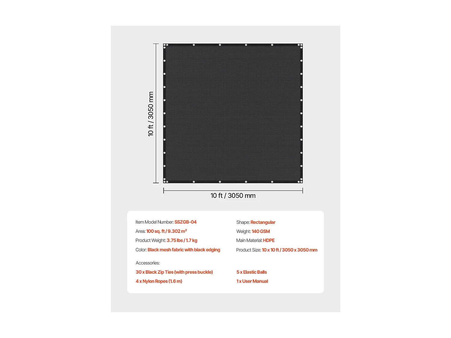 Voile d'Ombrage 90 % SucceBuy, 305 x 305 cm, Filet d'Ombrage PEHD 140 g/m², Œillets Acier Inox, Protection Solaire/Brise-Vue, Extérieur, Noir