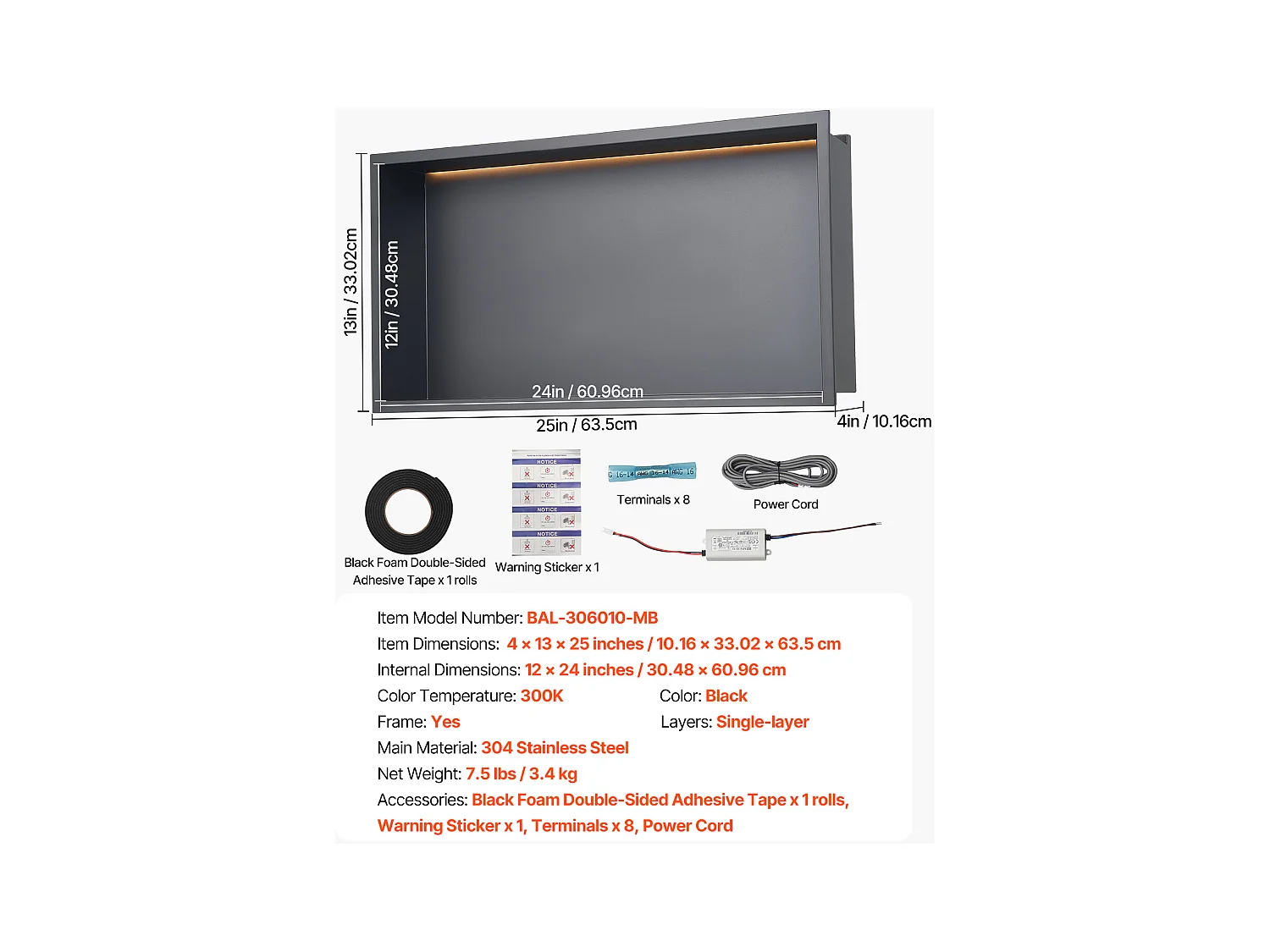 Niche de Douche SucceBuy, 33 x 63,5 x 10,2 cm, Niche Murale Encastrée avec Bande LED, Organisateur en Acier Inoxydable Robuste, Rangement Shampoing, Étanche