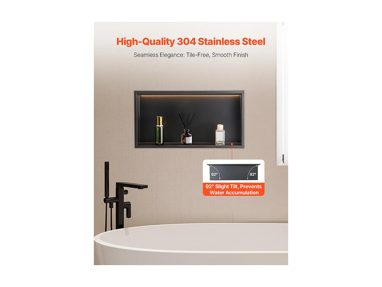 Niche de Douche SucceBuy, 33 x 63,5 x 10,2 cm, Niche Murale Encastrée avec Bande LED, Organisateur en Acier Inoxydable Robuste, Rangement Shampoing, Étanche