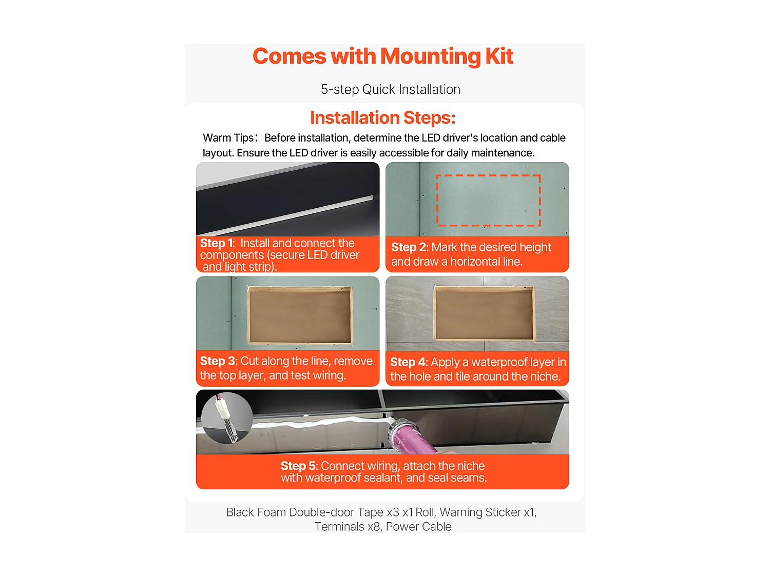 Niche de Douche SucceBuy, 33 x 63,5 x 10,2 cm, Niche Murale Encastrée avec Bande LED, Organisateur en Acier Inoxydable Robuste, Rangement Shampoing, Étanche