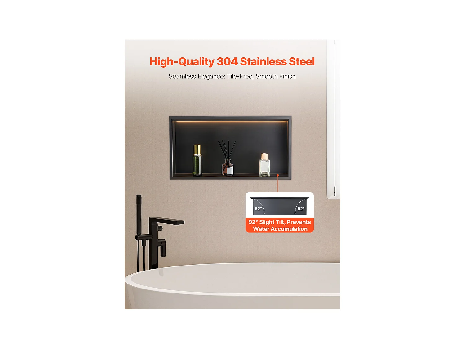 Dusch niche SucceBuy, 33 x 63,5 x 10,2 cm, Eingebettete Wandnische mit LED-Leiste, Robuster Organizer aus Edelstahl, Shampoo-Aufbewahrung, Wasserdicht